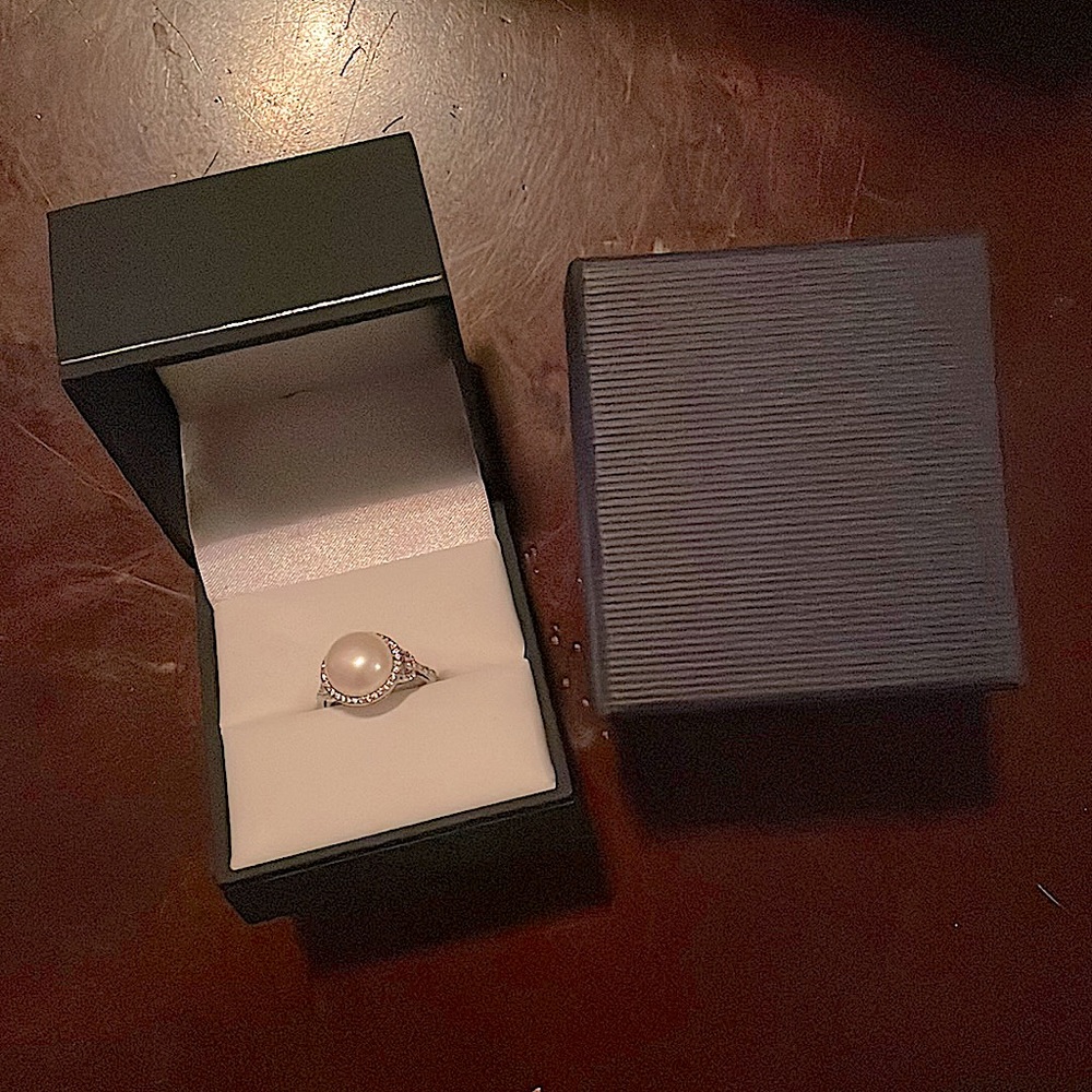 Freshwater Cultured Button Pearl Ring with Cubic Zirconia & Sterling Silver